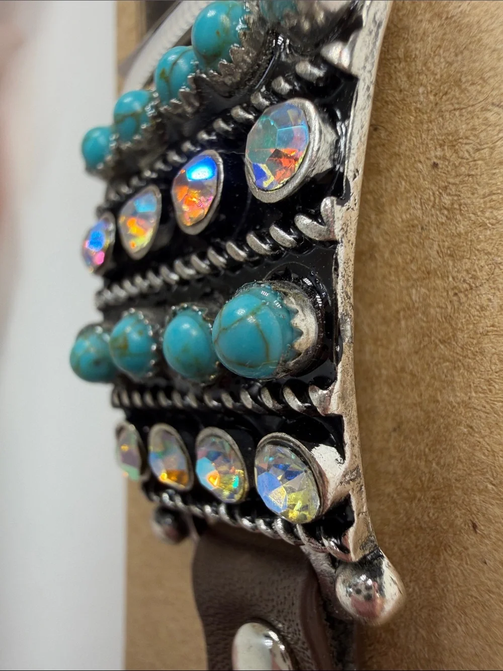 Brown Leather watch Band with Turquoise Beading 42mm~45mm